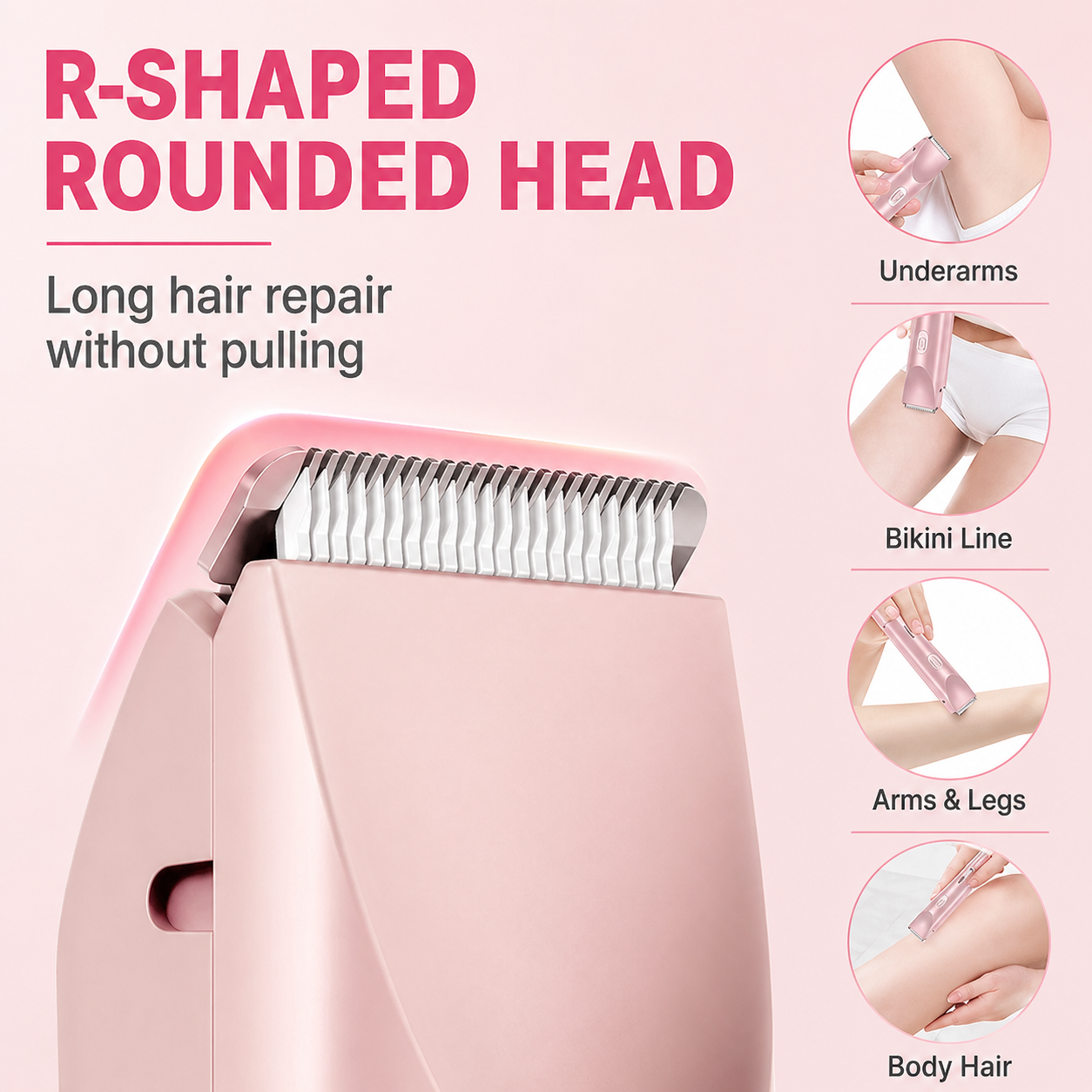 Pink hair removal device with R-shaped rounded head on a pink background, showing usage on underarms, bikini line, arms, legs, and body hair.