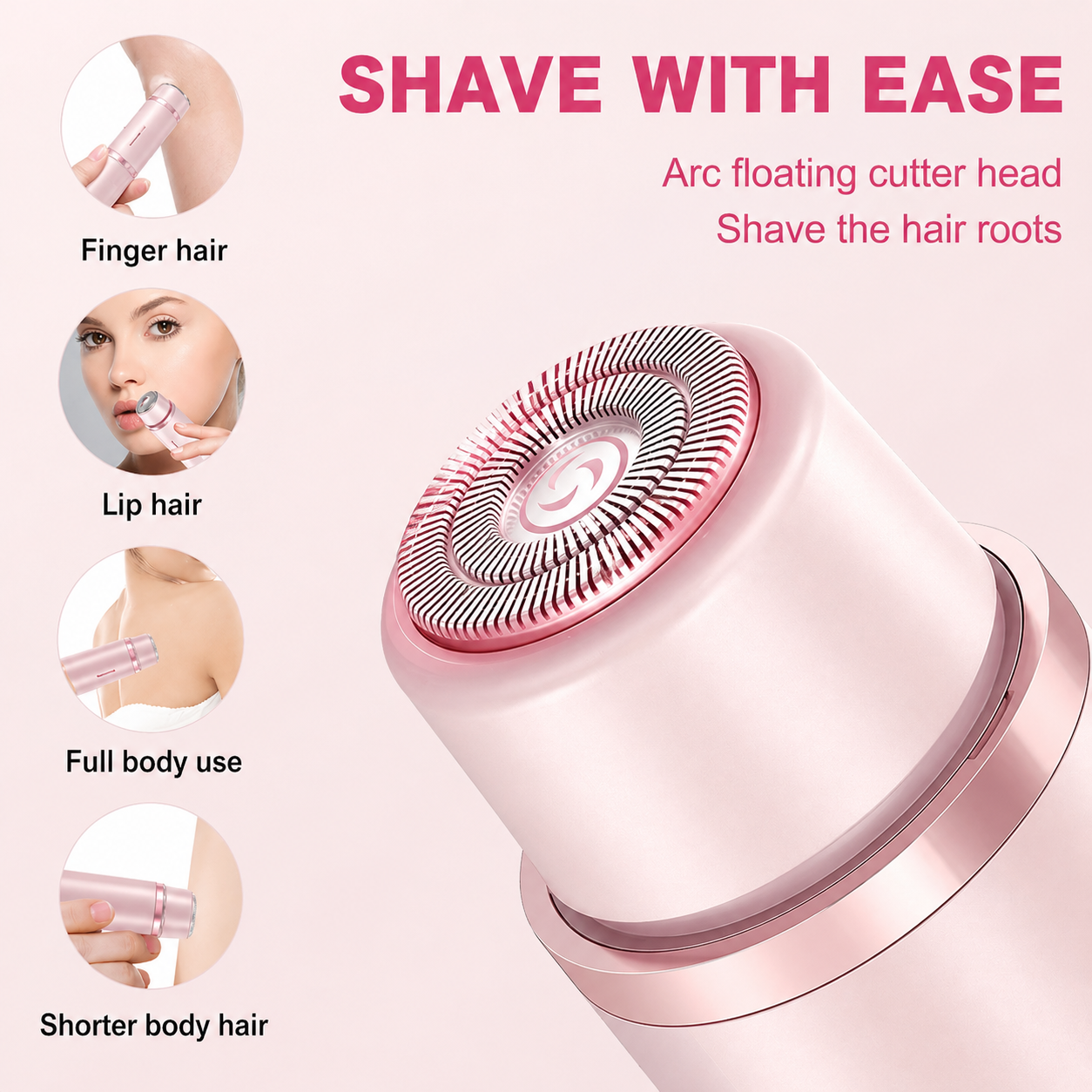 Electric shaver with text 'Shave with Ease' and illustrations of its uses on a pink background.