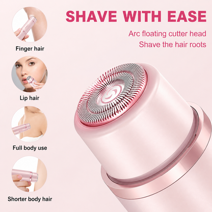 Electric shaver with text 'Shave with Ease' and illustrations of its uses on a pink background.