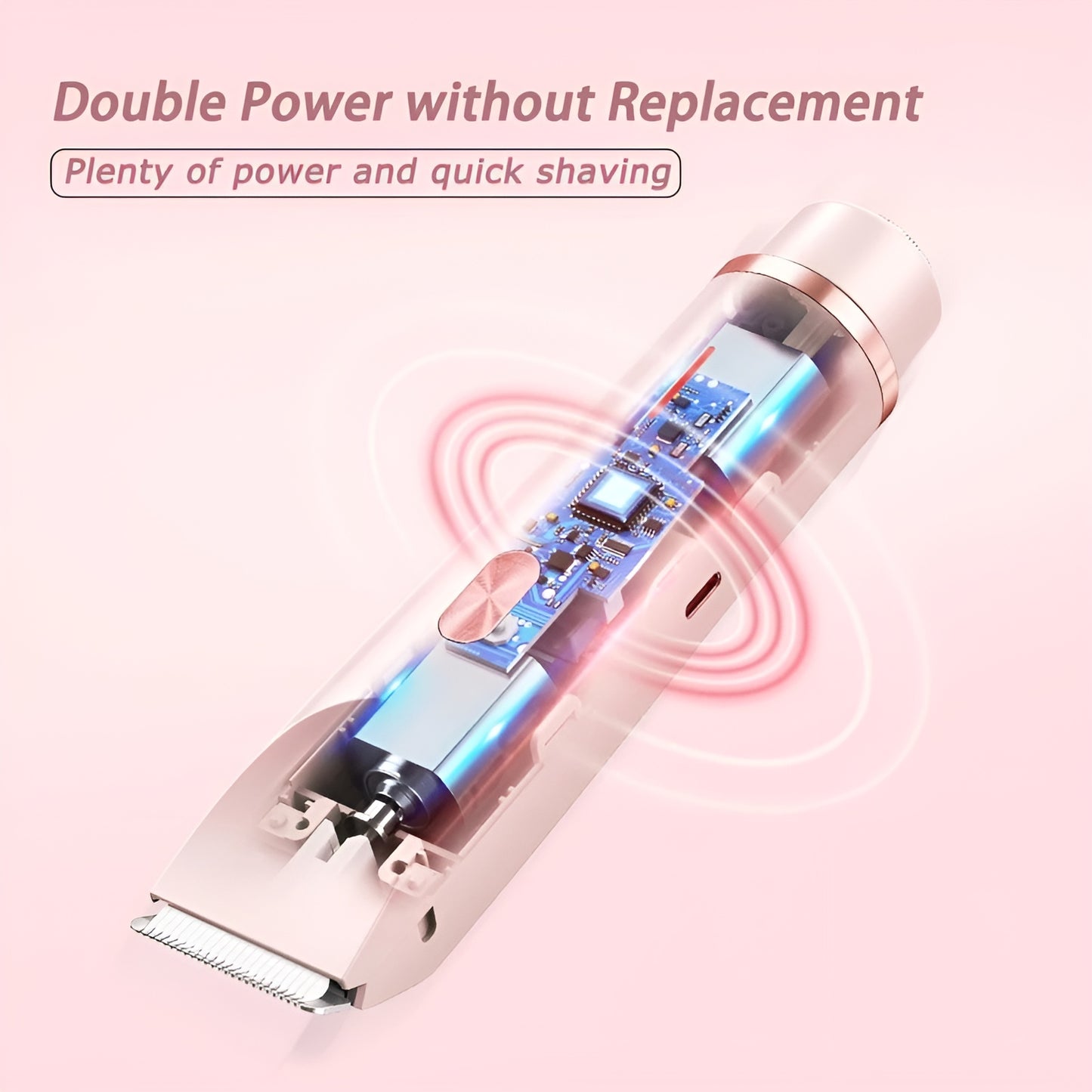 Hair trimmer with clear casing on a pink background, highlighting 'Double Power without Replacement' feature.