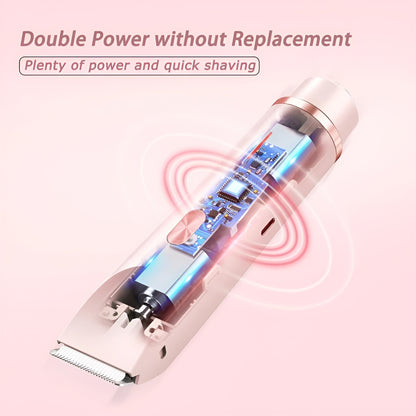 Hair trimmer with clear casing on a pink background, highlighting 'Double Power without Replacement' feature.