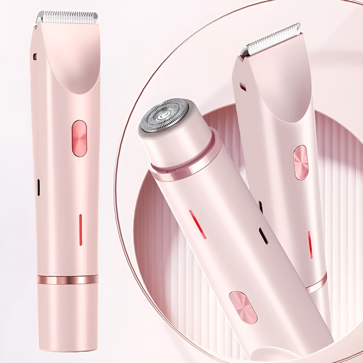 Pink electronic device with a circular inset showing a close-up of its components on a white background.
