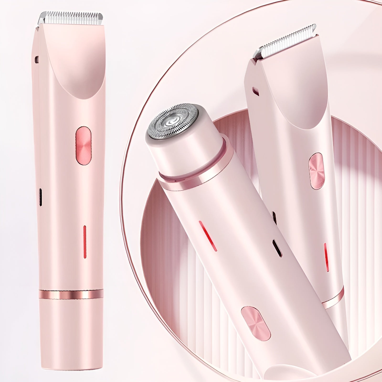 Pink electronic device with a circular inset showing a close-up of its components on a white background.