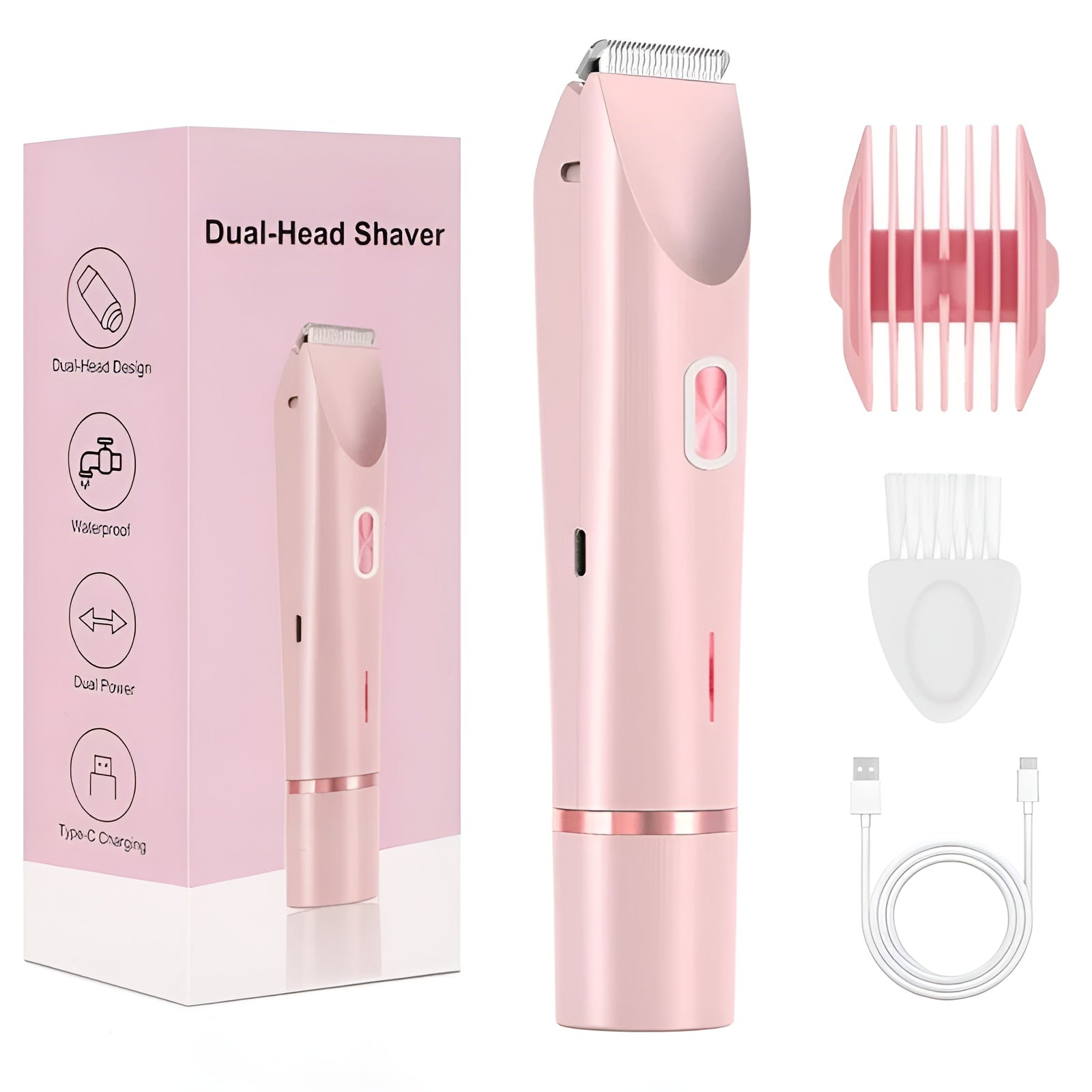Pink dual-head shaver with packaging, attachments, and charging cable on a white background