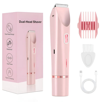 Pink dual-head shaver with packaging, attachments, and charging cable on a white background