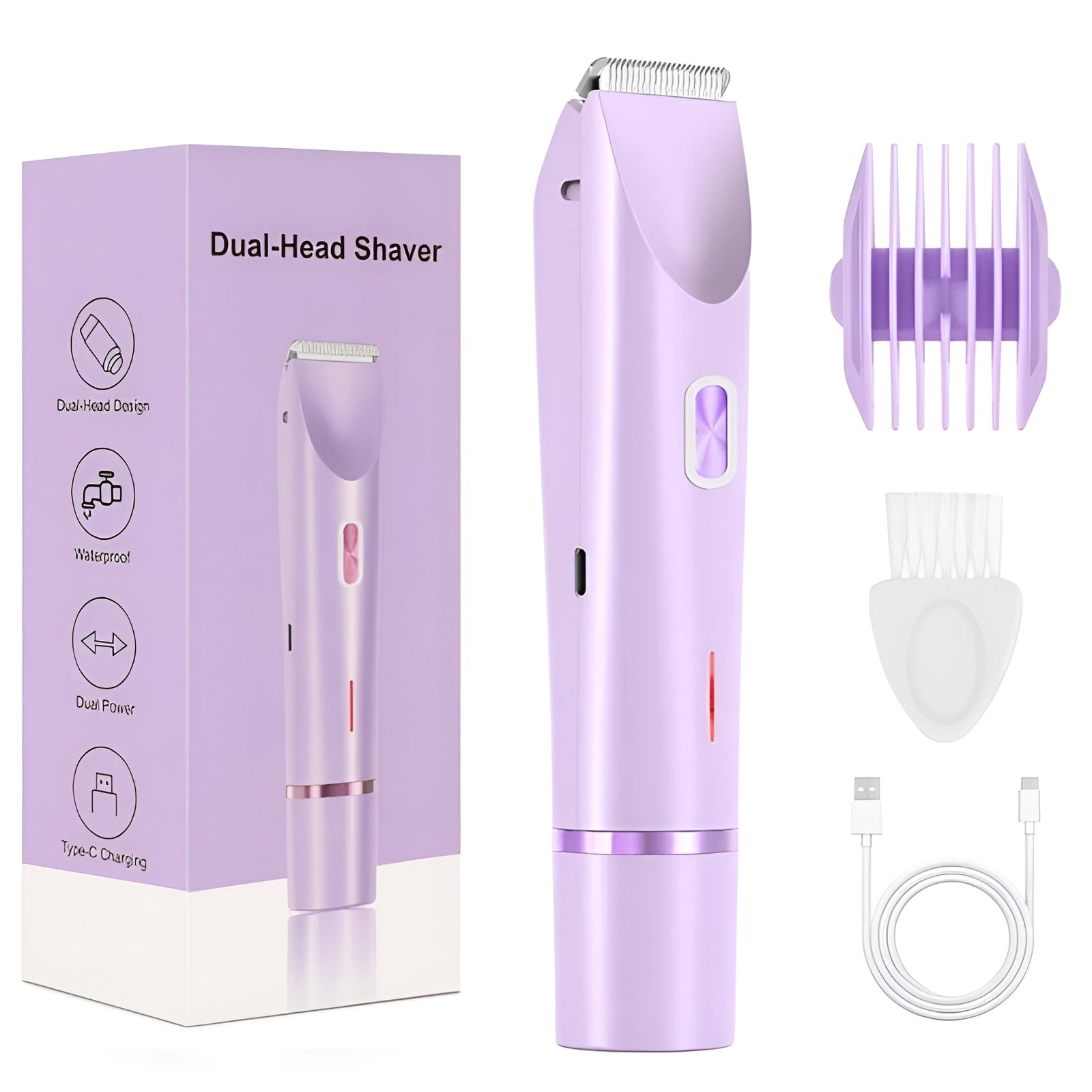Purple dual-head shaver with packaging, attachments, and charging cable on a white background