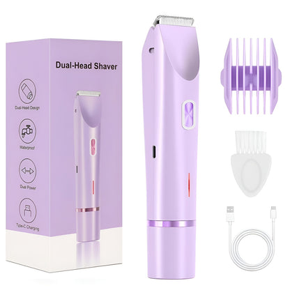 Purple dual-head shaver with packaging, attachments, and charging cable on a white background