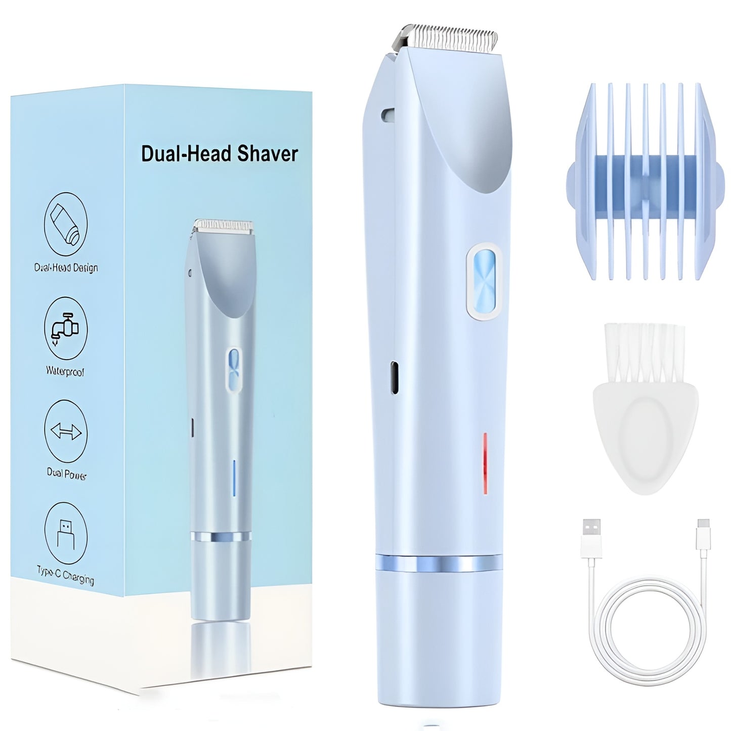 Blue dual-head shaver with packaging, attachments, and charging cable on a white background