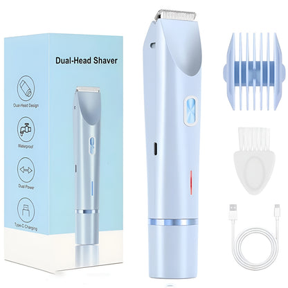 Blue dual-head shaver with packaging, attachments, and charging cable on a white background